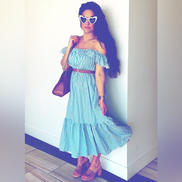 Blue and White Striped Off-Shoulder Flowey Maxi Dress Tunic Size Small - Picture 5 of 12